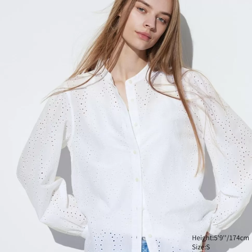 UNIQLO Hemden & Blusen*Baumwolle Langarm Bluse Mit Stickerei