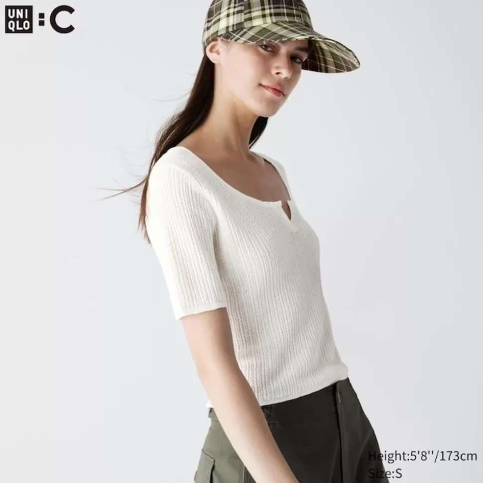 UNIQLO Pullover & Strickjacken*Cropped Halbarm Pullover Mit Spitze Und Schlussellochausschnitt