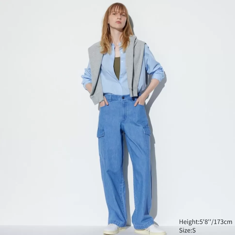 UNIQLO Jeans*Gerade Cargo Jeans (Wide Fit, Lang) Blau