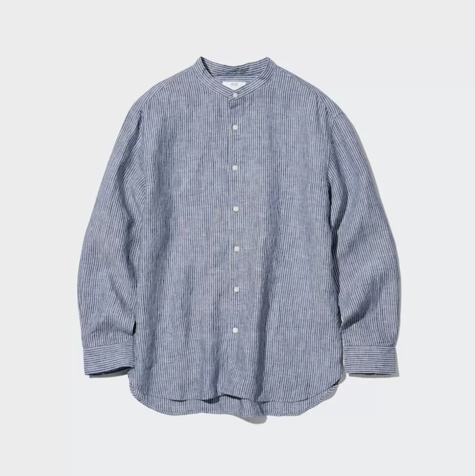 UNIQLO Hemden*Gestreiftes 100 % Premium Leinen Langarm Hemd Mit Stehkragen Blau