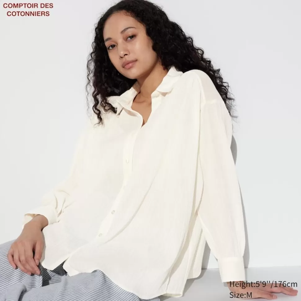 transparente_baumwolle_langarm_bluse_2.webp UNIQLO Hemden & Blusen*Transparente Baumwolle Langarm Bluse