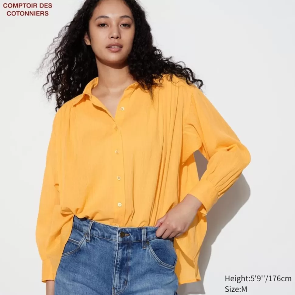 transparente_baumwolle_langarm_bluse_3.webp UNIQLO Hemden & Blusen*Transparente Baumwolle Langarm Bluse